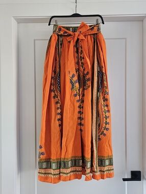 Step in Style Orange African Ethnic  Print Ankara Cotton Flowy Maxi Skirt Size M